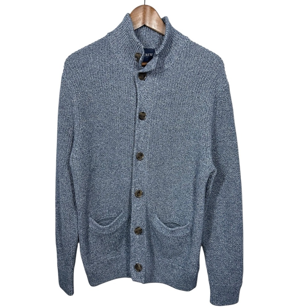 J.Crew Factory Mens Marled‎ Knit Cardigan Sz M Mock Collar Blue Heritage Preppy
